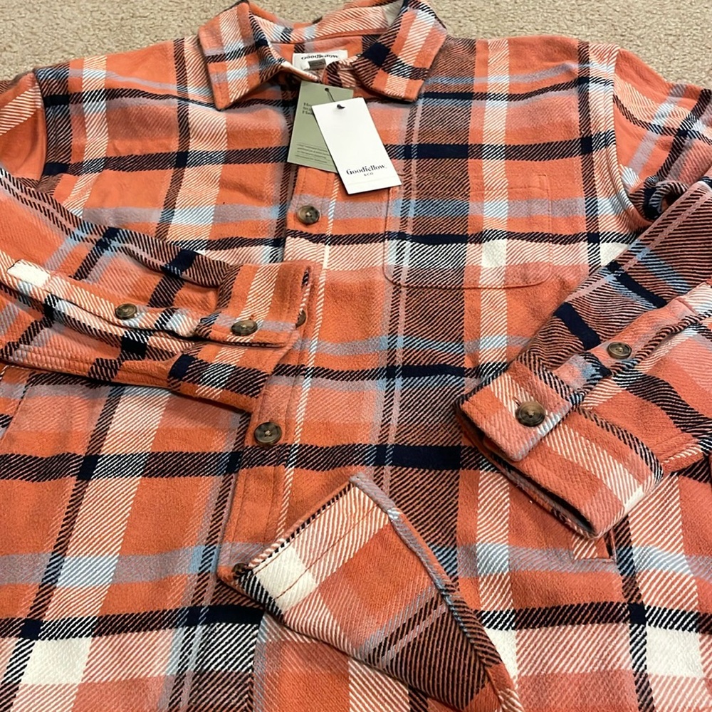NWT Goodfellow Heavyweight Flannel Shirt Mens M Plaid Buttons Orange Pocket New